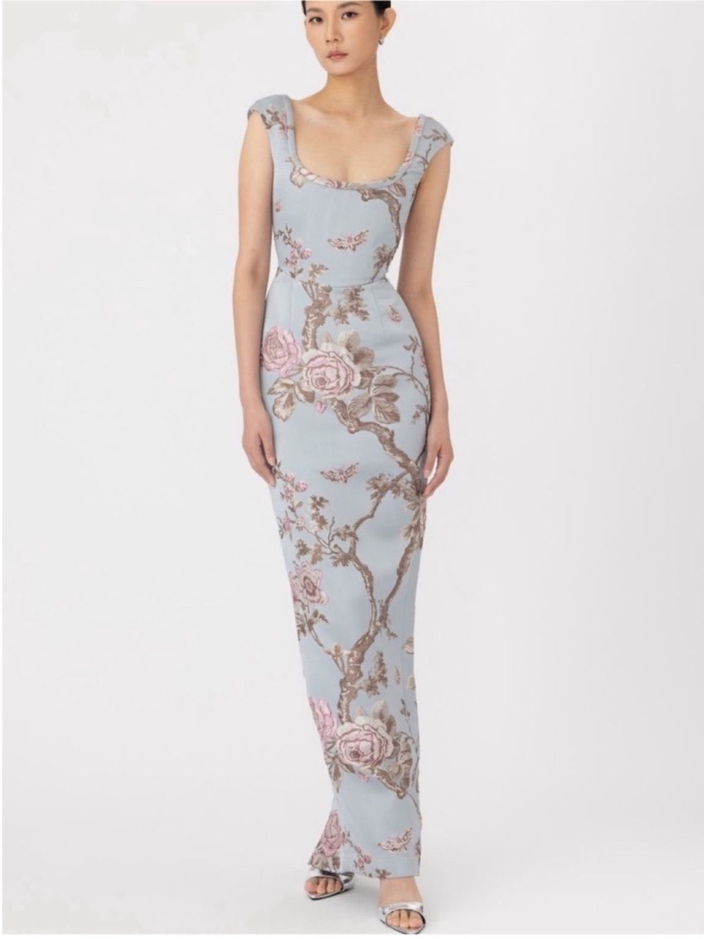 SAU LEE Brooke Floral Brocade
Column Gown in Blue Ash